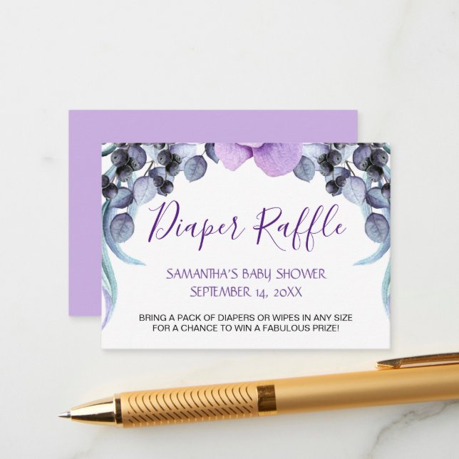 Pretty Purple Floral Baby Shower Diaper Raffle Enclosure Card (Front/Back In Situ)