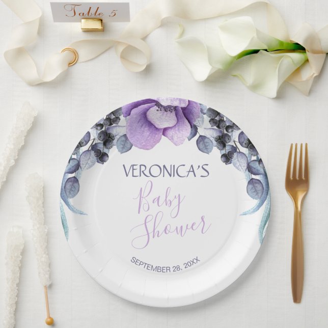 Pretty Purple Floral Berry Baby Shower Paper Plates (Wedding)