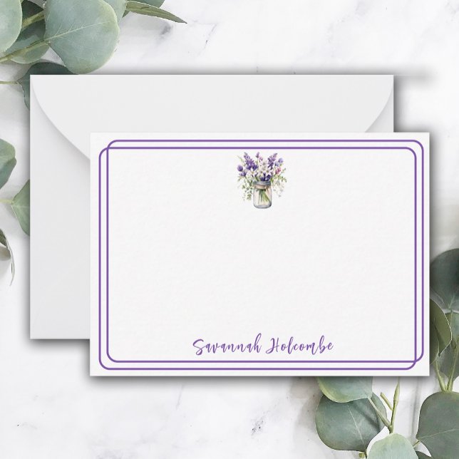 Pretty Purple Floral Bouquet In A Jar Flat Note Card (Creator Uploaded)