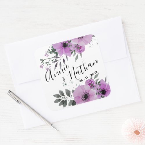 Pretty Purple Floral Cute Romantic Script Wedding  Square Sticker