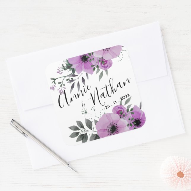 Pretty Purple Floral Cute Romantic Script Wedding  Square Sticker (Envelope)