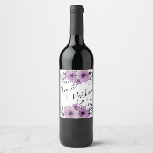 Pretty Purple Floral Cute Romantic Script Wedding Wine Label