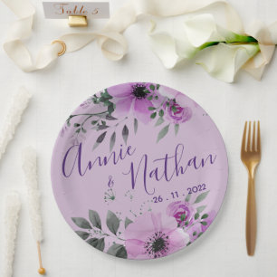 Pretty Purple Floral Cute Romantic Wedding Party Paper Plates