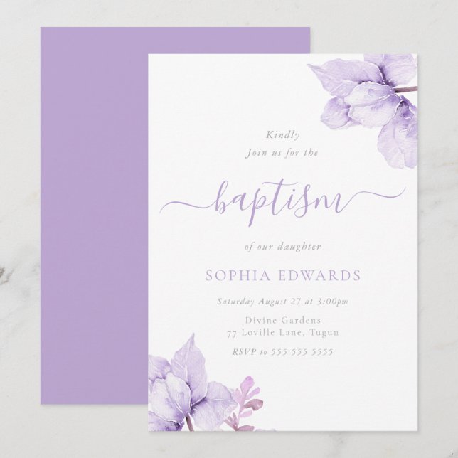 Pretty Purple Floral Girls Baptism Invitation (Front/Back)