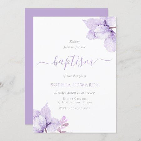 Pretty Purple Floral Girls Baptism Invitation