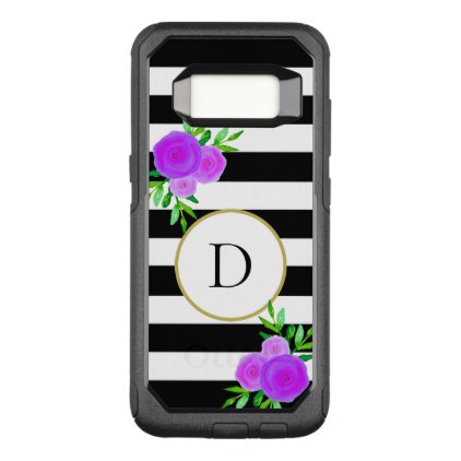 Pretty Purple Floral Monogram Black White Striped OtterBox Commuter Samsung Galaxy S8 Case