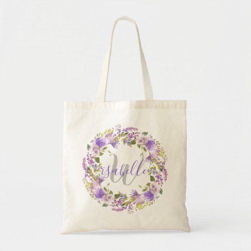 Pretty Purple Floral Monogram Bridesmaid Tote Bag