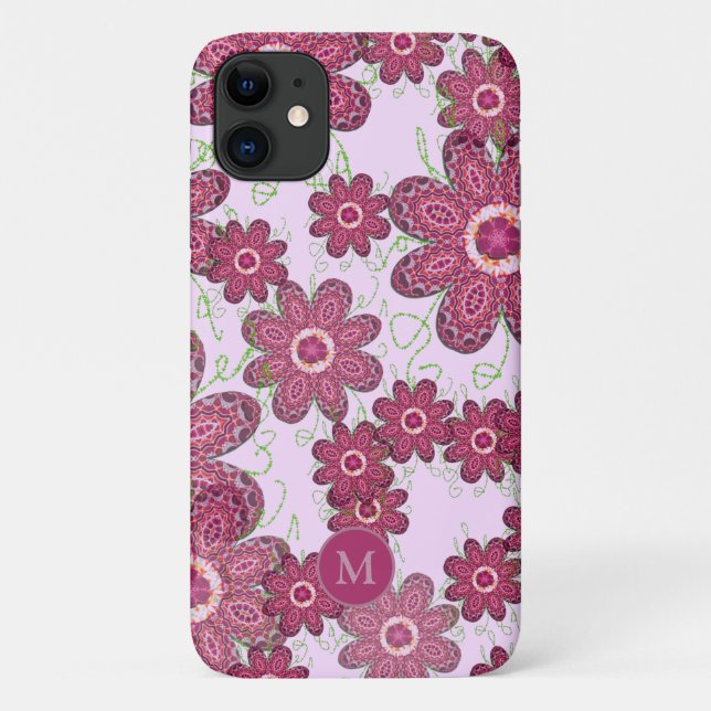 Pretty Purple Floral Pattern Monogrammed Case-Mate iPhone Case (Back)