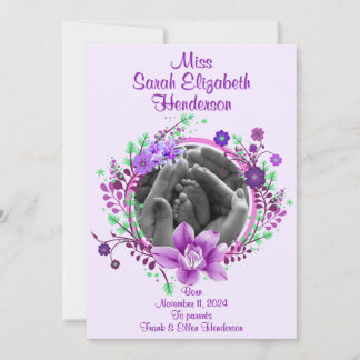Pretty Purple Floral Photo Birth Announcement