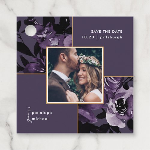 Pretty Purple Floral Photo Save the Date Favor Tags