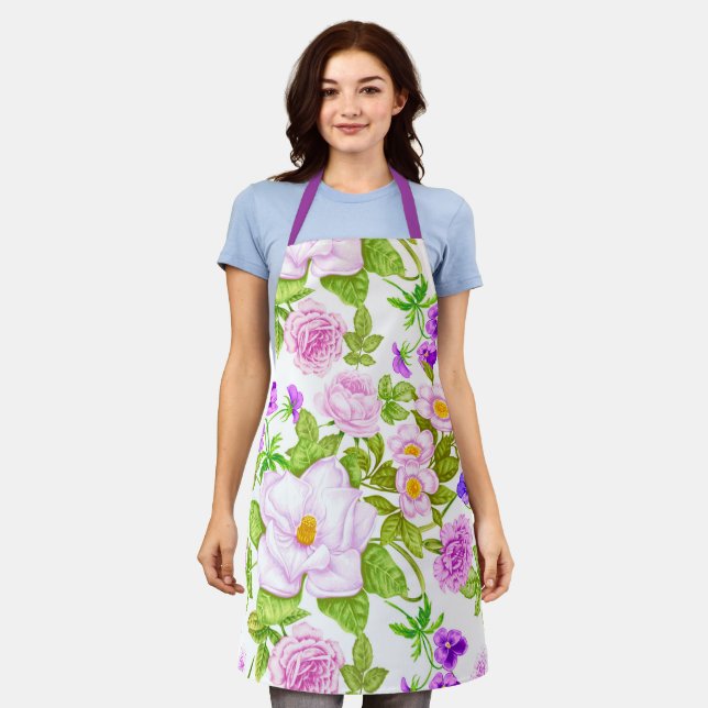 Pretty Purple Floral Print Apron (Worn)
