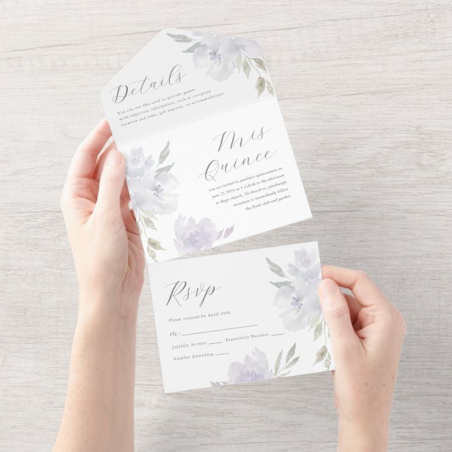 Pretty Purple Floral Quinceanera 15 Years All In One Invitation (Tearaway)