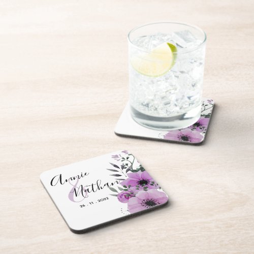 Pretty Purple Floral Romantic Script Wedding Party Beverage Coaster