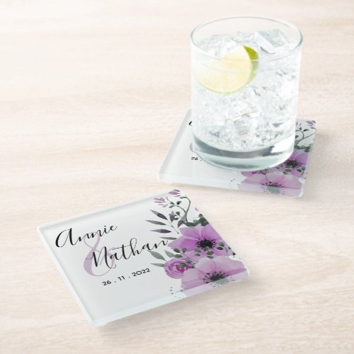 Pretty Purple Floral Romantic Script Wedding Party Glass Coaster