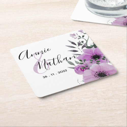 Pretty Purple Floral Romantic Script Wedding Party Square Paper Coaster