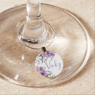 Pretty Purple Floral Romantic Script Wedding Party Wine Charm