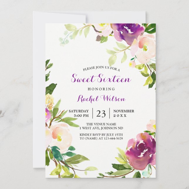 Pretty Purple Floral Sweet 16 Invitation (Front)
