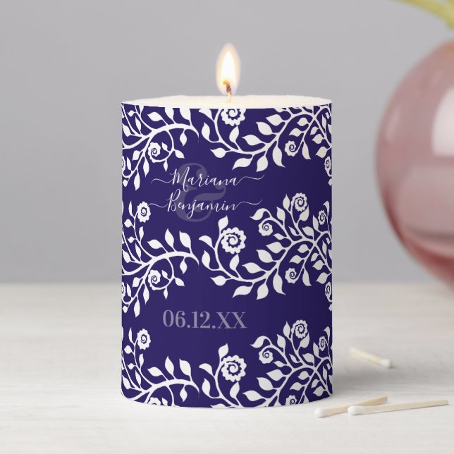 Pretty Purple Floral Swirls Personalized Wedding Pillar Candle (In Situ)