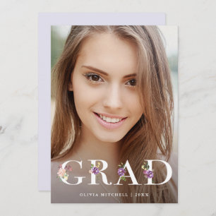 Pretty Purple Floral Text Photo Grad Party Invitation