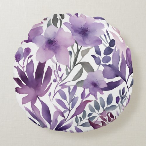 Pretty Purple Floral Watercolor Design  Round Pillow