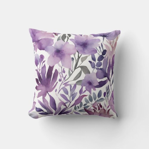 Pretty Purple Floral Watercolor Design  Throw Pillow