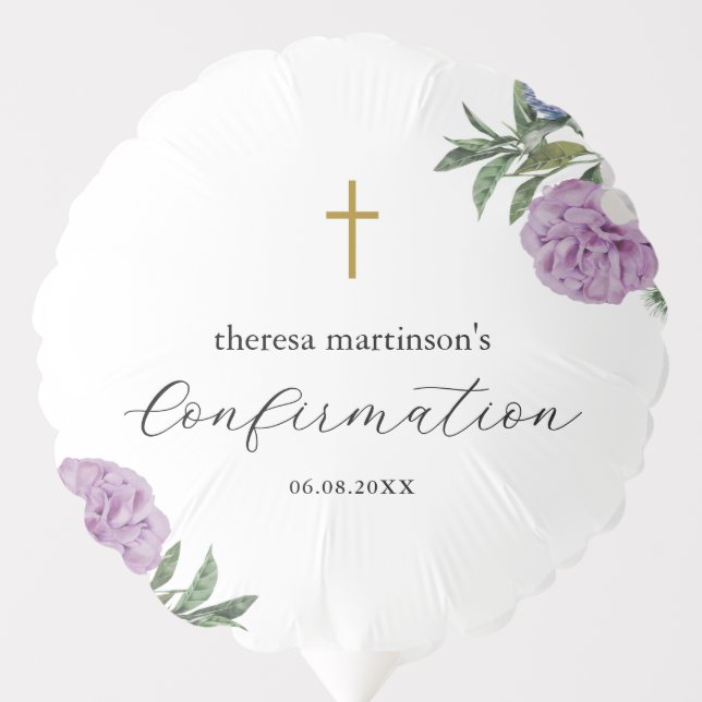 Pretty Purple Floral with Cross Confirmation Balloon (Front)