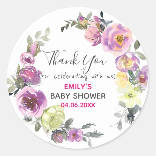 Pretty Purple Floral Wreath Thank You Baby Shower Classic Round Sticker