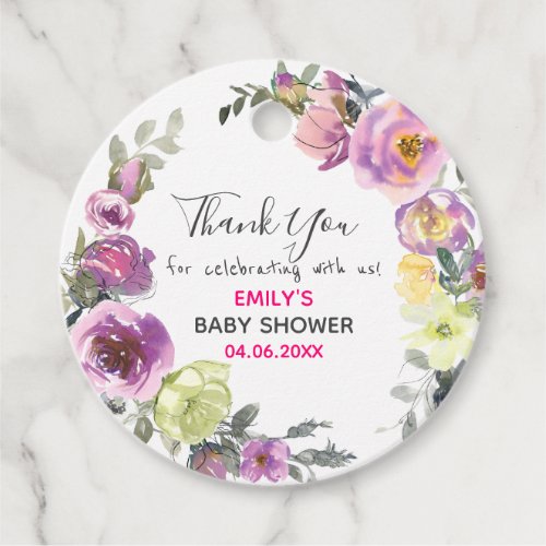 Pretty Purple Floral Wreath Thank You Baby Shower Favor Tags