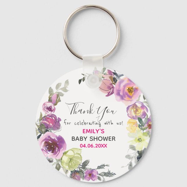 Pretty Purple Floral Wreath Thank You Baby Shower Keychain (Front)