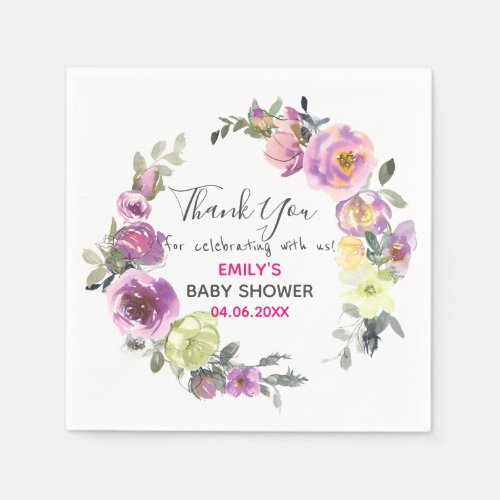 Pretty Purple Floral Wreath Thank You Baby Shower Napkins