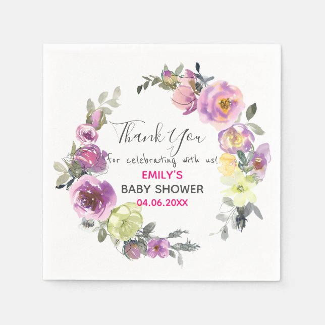 Pretty Purple Floral Wreath Thank You Baby Shower Napkins (Front)