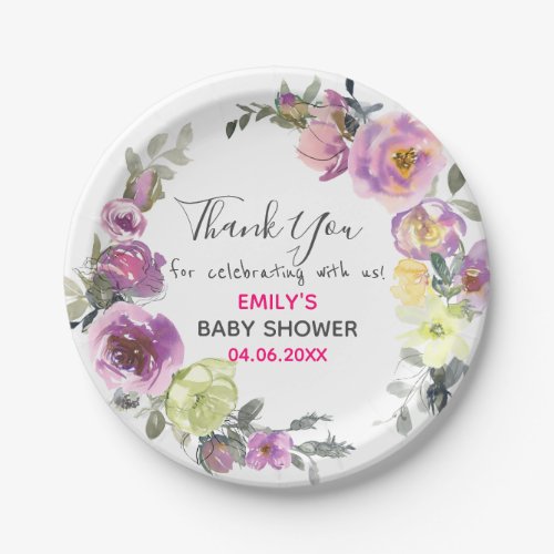 Pretty Purple Floral Wreath Thank You Baby Shower Paper Plates