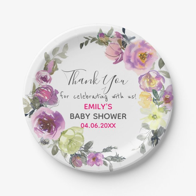 Pretty Purple Floral Wreath Thank You Baby Shower Paper Plates (Front)