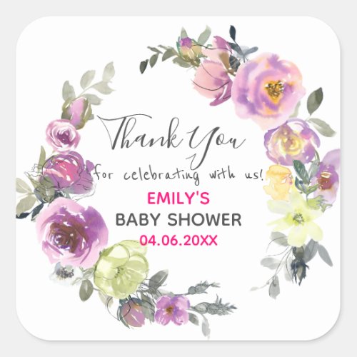Pretty Purple Floral Wreath Thank You Baby Shower Square Sticker