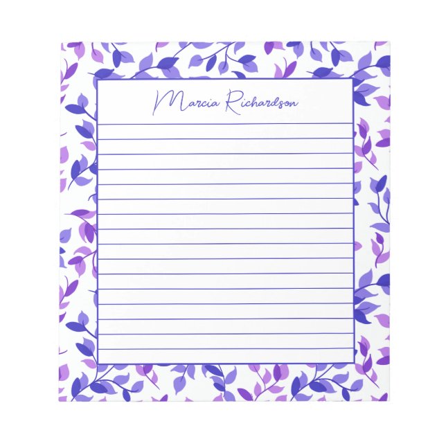 Pretty Purple Florals Modern Personalized Lined Notepad (Front)