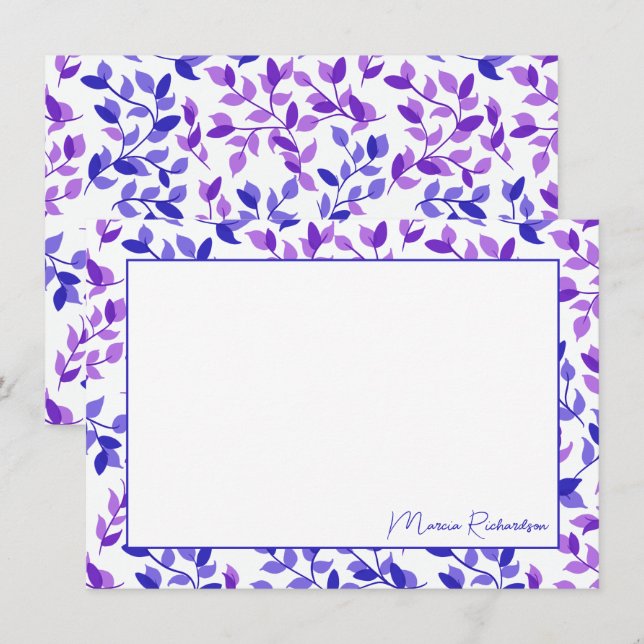 Pretty Purple Florals Modern Script Personalized Note Card (Front/Back)