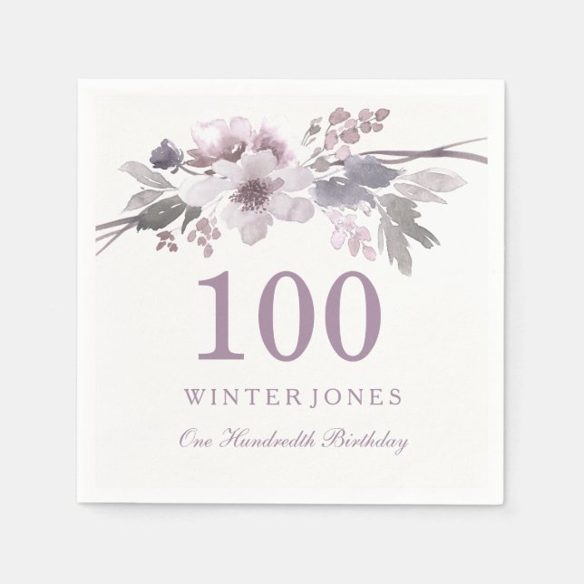 Pretty Purple Flower Floral 100th Birthday Party Paper Napkins (Front)