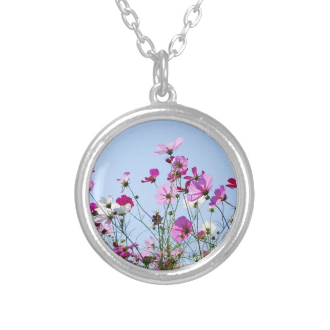 Pretty Purple Flower Meadow Photo Silver Plated Necklace (Front)