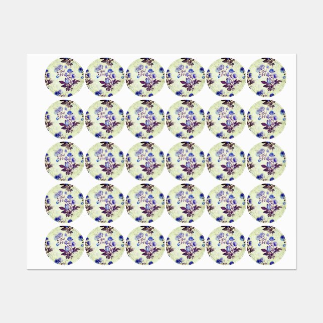 Pretty Purple Flower Print on Green Labels (Sheet)