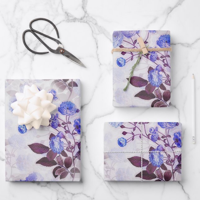 Pretty Purple Flower Print Wrapping Paper Sheets (Front)