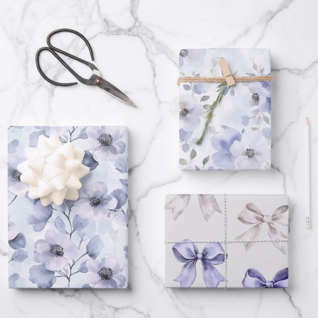 Pretty Purple Flowers and Bows Wrapping Paper Sheets (Front)