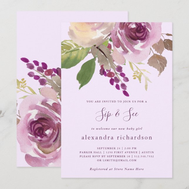 Pretty Purple Flowers | Baby Sip and See Invitation (Front/Back)