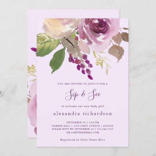 Pretty Purple Flowers  Baby Sip and See Invitation