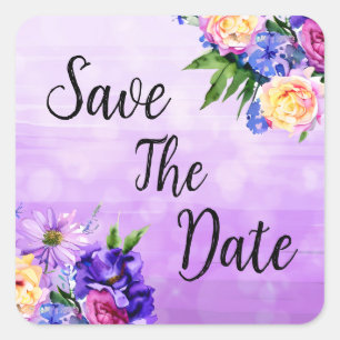 Pretty Purple Flowers Floral Wedding Save the Date Square Sticker