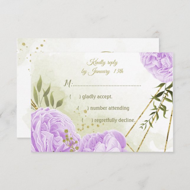pretty purple flowers green leaves botanical RSVP card (Front/Back)