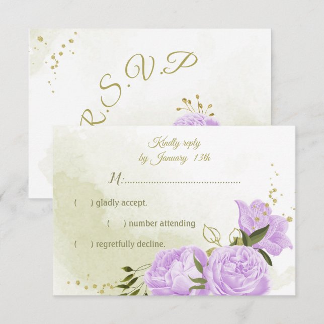pretty purple flowers green leaves botanical RSVP card (Front/Back)