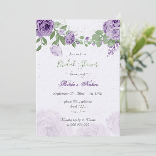 Pretty purple flowers green leaves bridal shower invitation