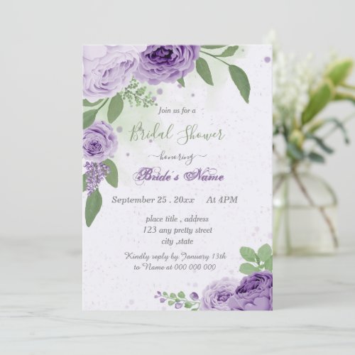 Pretty purple flowers green leaves bridal shower invitation