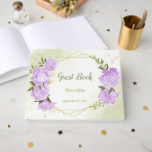 pretty purple flowers green leaves geometric guest book