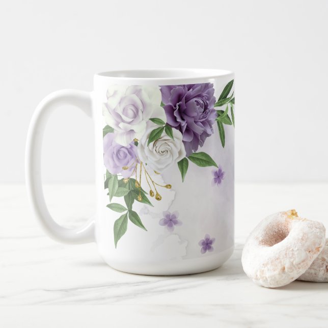 Pretty purple flowers greenery coffee mug (With Donut)